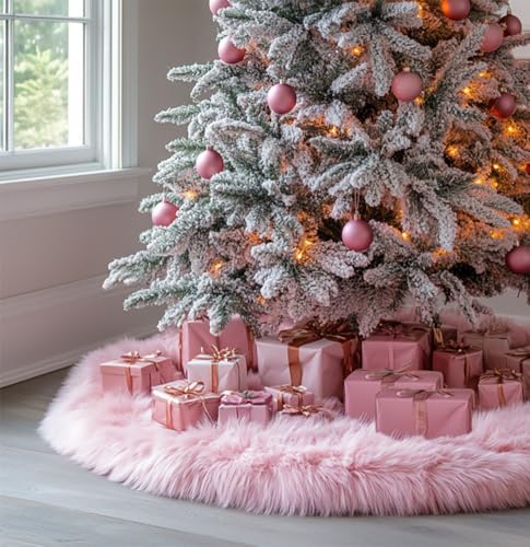 AOGU 60 Inch Pink Faux Fur Christmas Tree Skirt for Holiday Decor