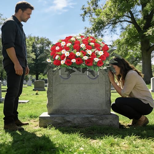 Lodou Red Artificial Cemetery Flower Saddle for Memorial Graves Headstones