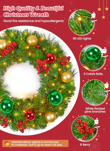Minetom 24 Inch Pre-Lit Christmas Wreath with 50 LED Warm Lights for Front Door Decor