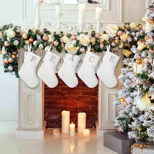 7 inches Initial Monogram Christmas Stocking White Personalized Christmas Stockings with Embroidered Letters Super Soft Initial Christmas Stocking for Xmas Holiday Christmas Tree Fireplace Decor(M)