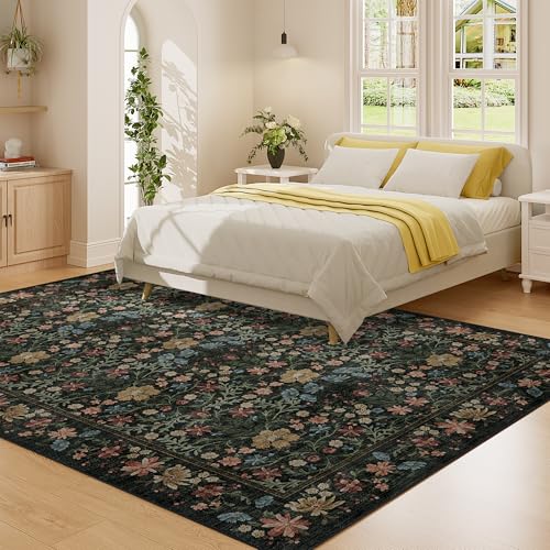 6x9 Vintage Floral Area Rug - Washable Faux Wool Living Room Carpet - Black