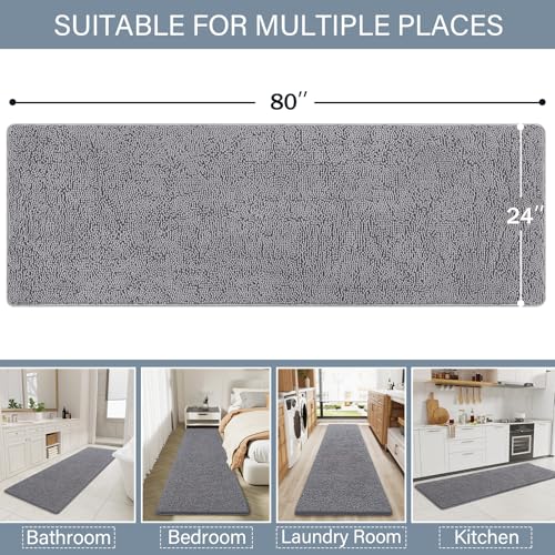 Bathroom Rug 24x80 Inch Shaggy Grey Non-Slip Bath Mat - Soft & Absorbent