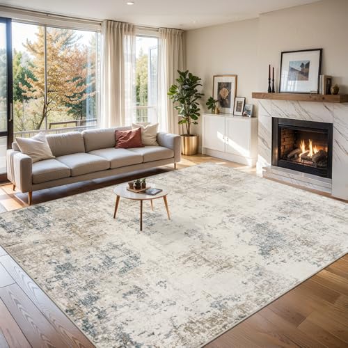 8x10 Beige Modern Abstract Washable Area Rug for Living Room