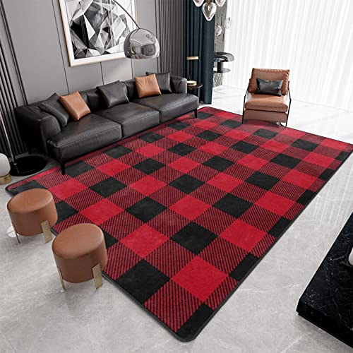 Red & Black Buffalo Plaid Rug 5' x 7' - Living Room Carpet, Faux Wool