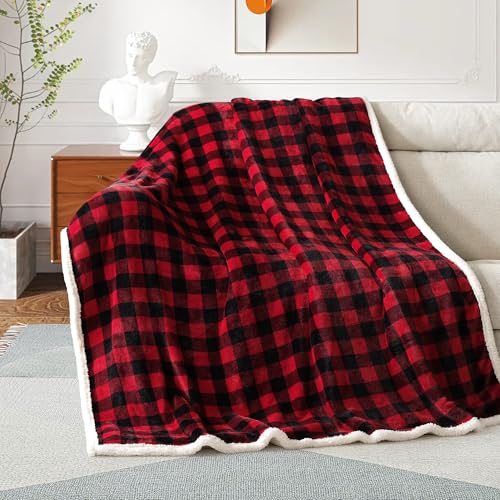 BEAUTEX Christmas Sherpa Fleece Throw Blanket 50x60 Buffalo Plaid, Red