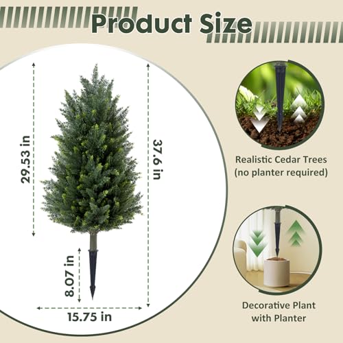 2pcs 3FT Artificial Cedar Topiary Trees with Ground Spikes - UV-Resistant Outdoor & Indoor Decor