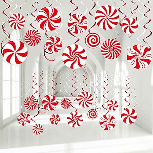 Funrous 54 Pcs Christmas Peppermint Candy Hanging Decorations Christmas Candies Ceiling Hanging Swirls Xmas Party Ceiling Whirl Streamers for Xmas Holiday Party Decor(Red White)
