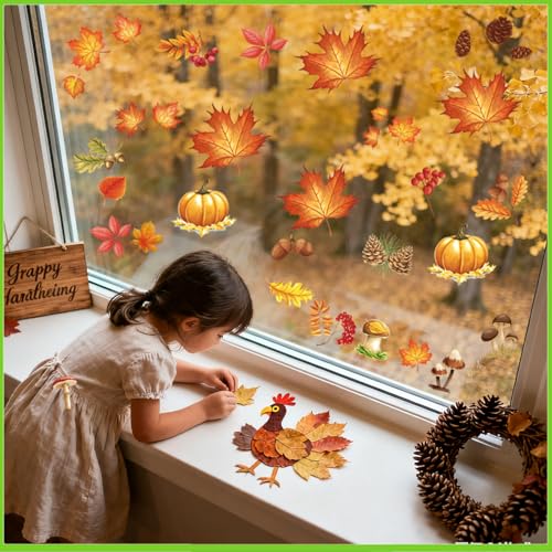 Afmivs Fall Window Clings Variation: Fall Window Clings 71pcs Maple Leaf & Pumpkin Decor for Classroom Office Home