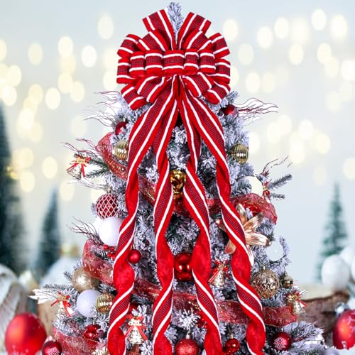 Christmas Tree Topper Bow Large Red Wreath Topper, Flocking Fabric