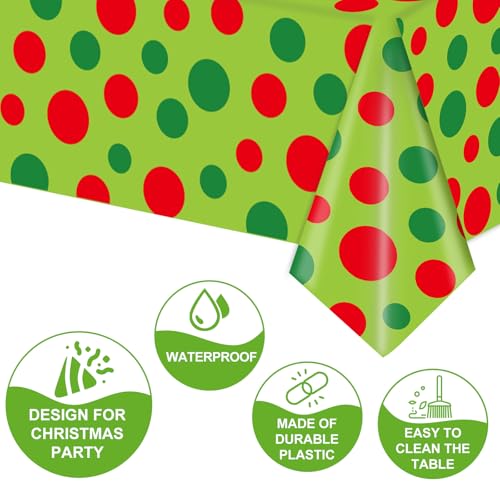 3Pcs Christmas Disposable Tablecloth Red Green Polka Dot Table Cover Rectangle Plastic Table Cloth for Xmas Party Decoration, 54 x 108 Inch