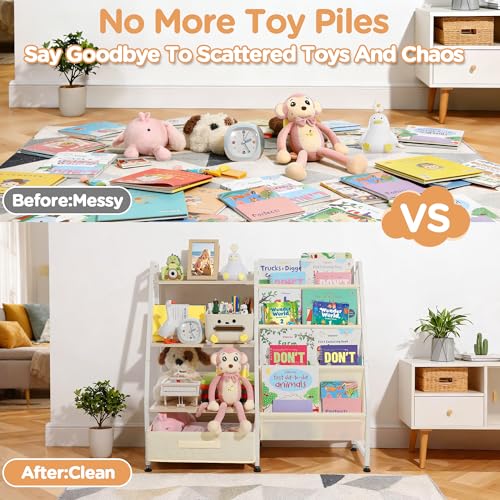Kids Bookshelf and Toy Storage Unit - Toddler Friendly Playroom Organizer
