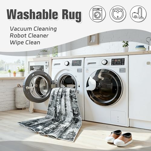 Black 9x12 Area Rug - Washable Soft Abstract Bedroom Carpet - Slim Low-Pile