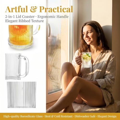 Noamus 4-Pack 13oz Glass Coffee Mugs with Lids & Spoons - Clear Drinking Set