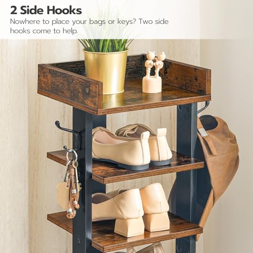 HOOBRO Rustic Brown 7-Tier Vertical Shoe Rack with Hooks, Space-Saving Entryway Organizer 11"L x 11"W x 41.3"H