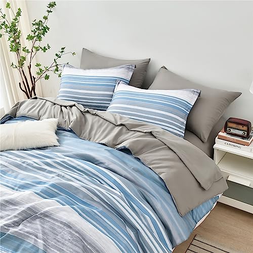 Full Size Striped Comforter Set - 7 Piece Bed in a Bag Light Blue