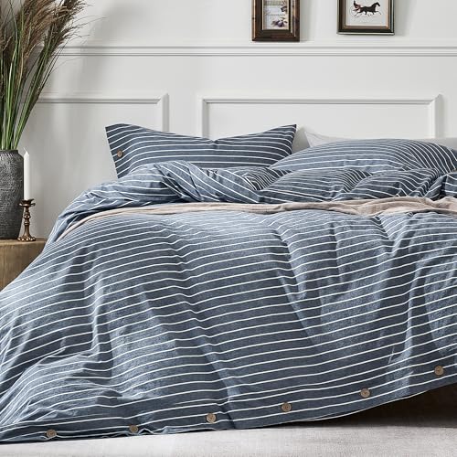 JELLYMONI Queen Duvet Cover Set 100% Washed Cotton Blue Pinstripe Linen Look