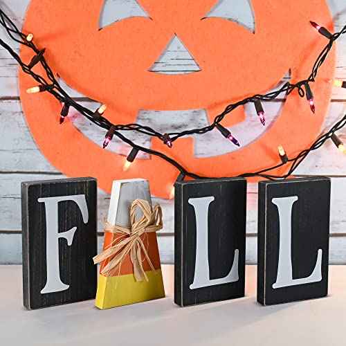 Ornativity Wooden Fall Shelf Blocks - Rustic Autumn Wooden Painted Candy Corn Centerpiece Shelf Sitters Farmhouse Mantel Shelves and Tabletop Home Decorations Candycane Ornament Decor Set 5.9"