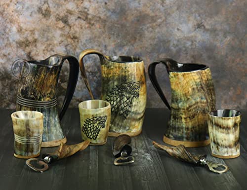 OLDEMPEROR Plain Viking Drinking Horn Mug Set with Shot Glass & Bottle Opener, 16-20oz, Medieval Style Gift