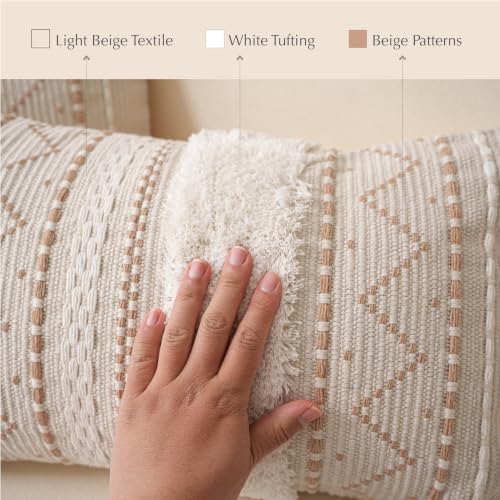 Beige 36x14 Lumbar Pillow Cover for Bed, Rectangular Decorative Throw Cushion - Boho Tufted Tassels (Pack of 1)