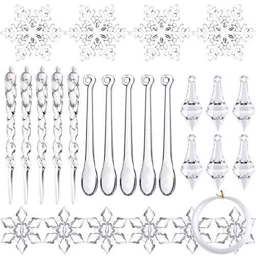 FEPITO 57 PCS Acrylic Snowflake Icicles Christmas Icicle Snowflake with Crystal Line Ornaments Set for Christmas Tree Decorations