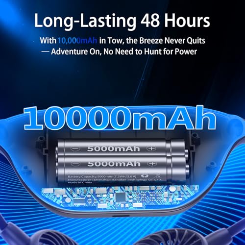 Portable Neck Fan with 10000mAh Battery - Hands-Free Cooling, 48H Runtime, Adjustable Wind, Black