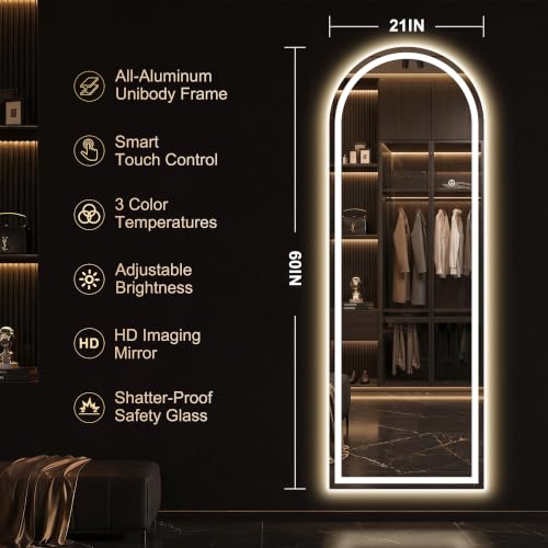 White Arched Full Length Mirror with Lights - 60x21 Inch Dimmable LED Vanity Mirror
