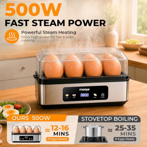 Mooye Silver Egg Cooker for Hard & Soft Boiled Eggs, 8-Egg Capacity, Auto Shut-Off