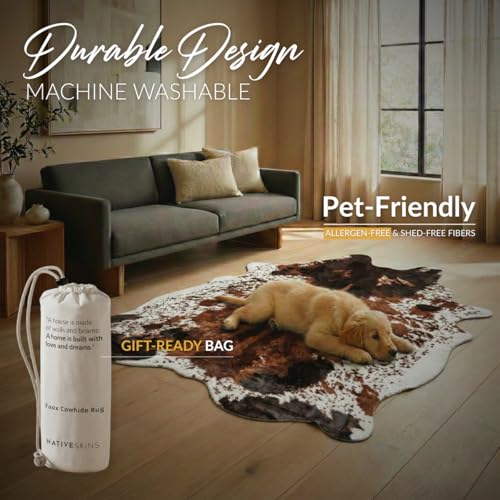NativeSkins Brown Faux Cowhide Rug 4'7"x6'7" Semicircular Washable Non-Shedding