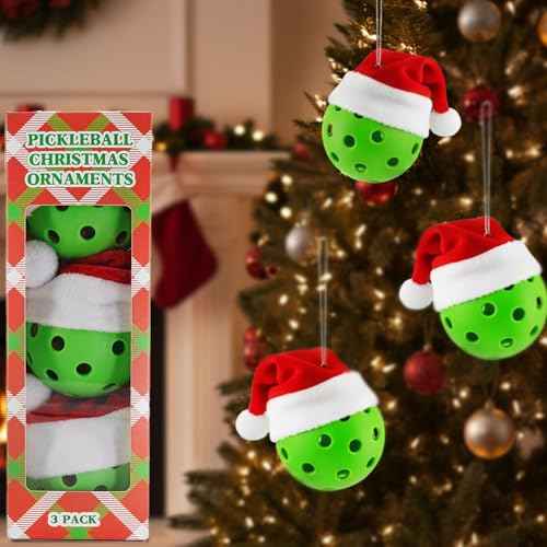 Pickleball Ornaments Set of 3, Green Balls with Santa Hats, Christmas Tree Sports Decorations, Funny Pickleball Gifts, Holiday Home D?cor, Gift Ready Box for Players and Fans