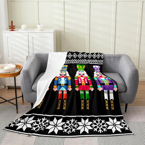 Erosebridal Nutcracker Blanket Throw 50x60 Inch, Retro Xmas Throw Blanket, Colorful Scandinavian Christmas Snowflakes Fleece Blanket, Black White Winter Flannel Blanket for Kids Teens