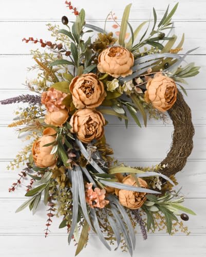 Autumn Colors Fall Wreath for Front Door with Peony & Eucalyptus - 1 Pack