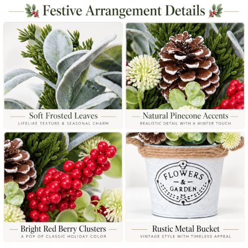 Christmas Table Decor with Metal Pot, Winter Xmas Centerpieces for