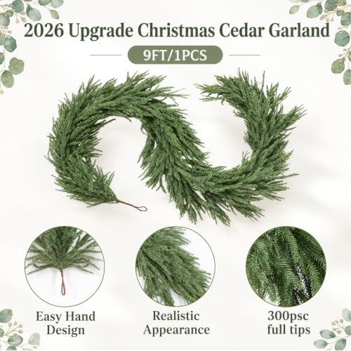 FHLSA 9Ft Norfolk Pine Artificial Garland with 150 Tips, Full & Lush Christmas Decor
