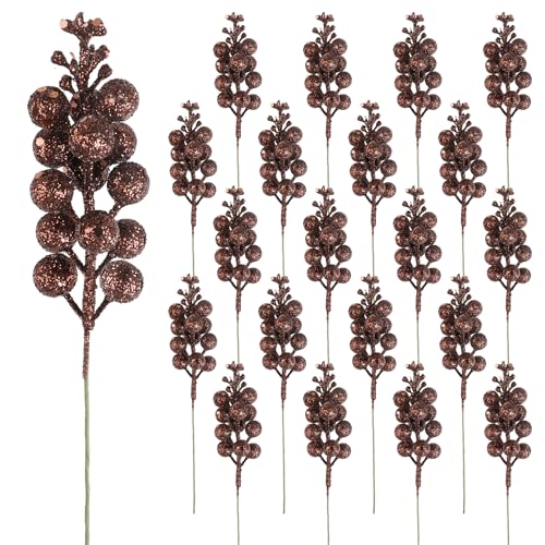 DIYASY Brown Glitter Berry Stems for Christmas Tree Decor, 20 Pcs