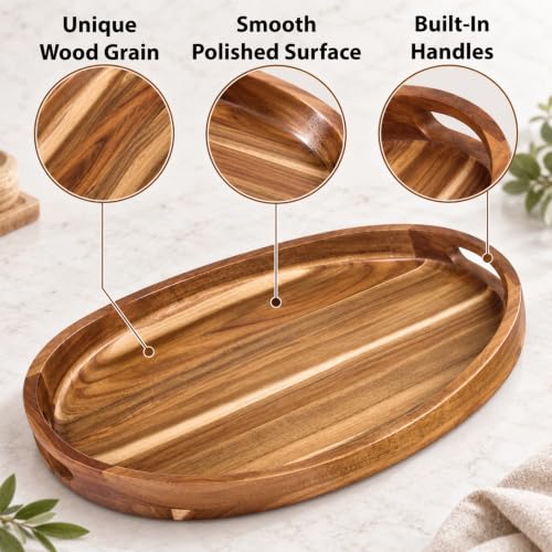 Acacia Wood Serving Tray with Handles - 17x13 Inch Round Ottoman Table Decor Variation of THIS listing