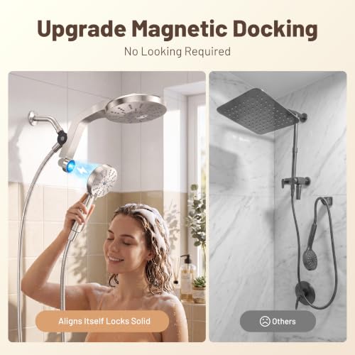 Rain Shower Head with Handheld Spray Combo - Magnetic Dock, 60° Lift-Up Rainfall, Brushed Nickel