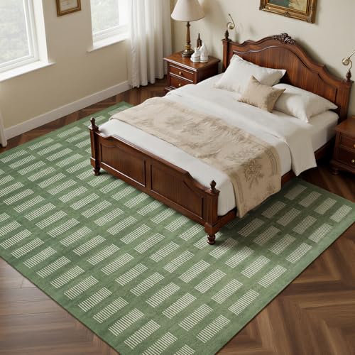 Sage Green 8x10 Washable Area Rug - Soft Faux Wool Retro Carpet with Non-Slip Backing