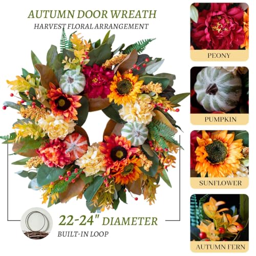 Autumn Magnolia Wreath with Peony & Sunflower - Fall Front Door Decor, 24 Inch - Cream Variation
