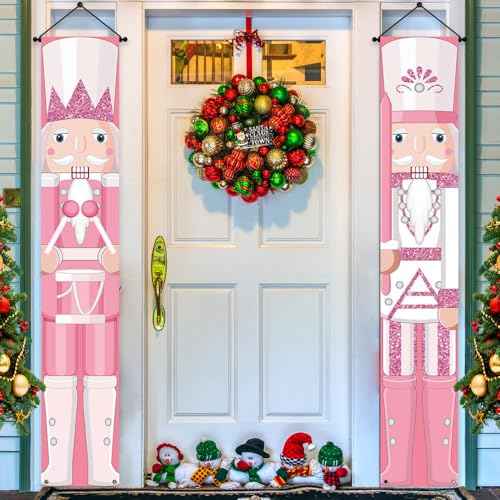 Lofaris Pink Nutcracker Christmas Porch Banner ? Welcome Hanging Sign for Indoor and Outdoor Decoration, Home Party, and Birthday Supplies