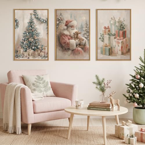 HLNIUC Vintage Christmas Canvas Wall Art Santa Claus with Gift, 24x36 Inches