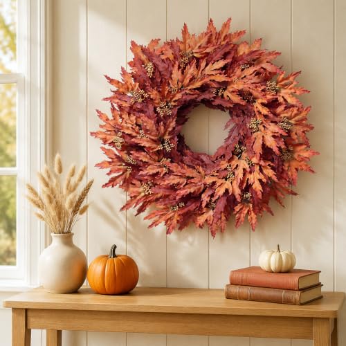 26-Inch Artificial Fall Maple Leaves Wreath for Front Door Decoration