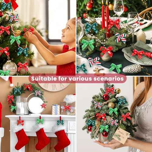 JOICEE 150 Pcs Christmas Mini Bows for Crafts, Tiny Twist Tie Bows Handmade Craft Ribbon Gift Bow with Box Stickers for DIY Sewing Gift Decorations Christmas Tree Wreath Door Garland Party Decor