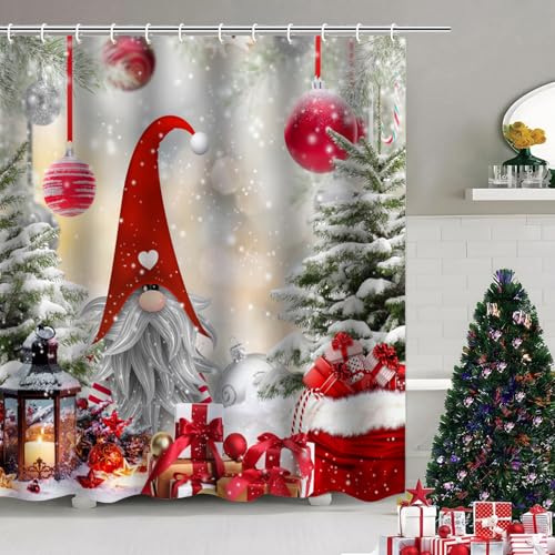 Christmas Shower Curtain, Gnome Shower Curtain Set, Winter Shower Curtains for Bathroom, Lovely Cute Sprite Bathroom Shower Curtain Sets, Shower Curtains Bathroom Decor 72x72 inch