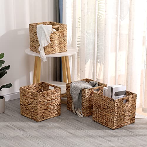 Water Hyacinth Storage Baskets 11x11 inch - 4 Pack Handwoven Cube Bins