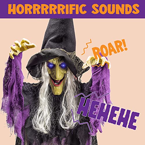 Wicked Halloween Hanging Witch Decoration - Light-Up Talking Ghost with Sound Activation, 72 Inches Purple Outdoor & Indoor Haunted House Prop