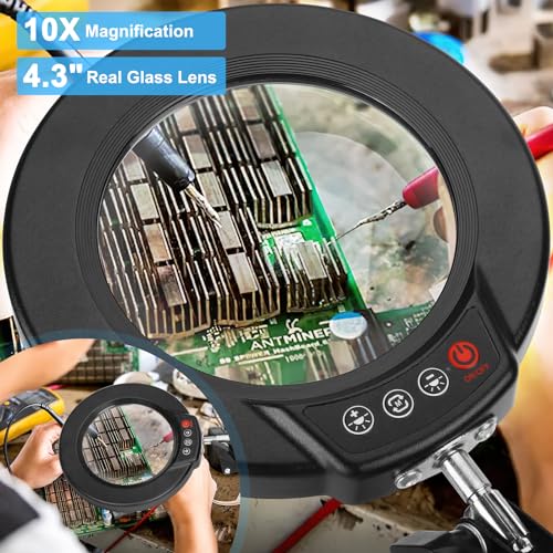 Black 10X Magnifying Glass with Light and Clamp - Stepless Dimmable LED Desk Lamp for Crafts, Reading, Jewelry, Sewing