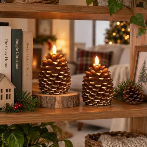 Fo32won Brown Pine Cone Flameless Candles with Remote, Real Wax, 4-inch