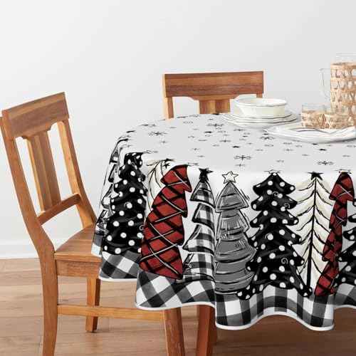 Horaldaily Christmas Tablecloth 60¡¿60 Inch Round, Christmas Trees Buffalo Plaid Black Washable Table Cover for Party Picnic Dinner Decor