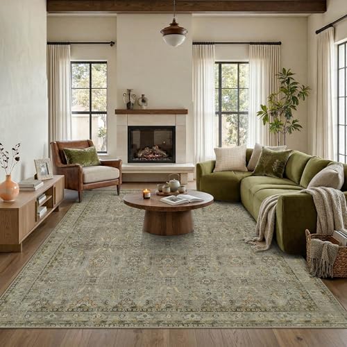 Rugxara 6x9 Olive Green Washable Area Rug Vintage Boho Floral Geometric Pattern
