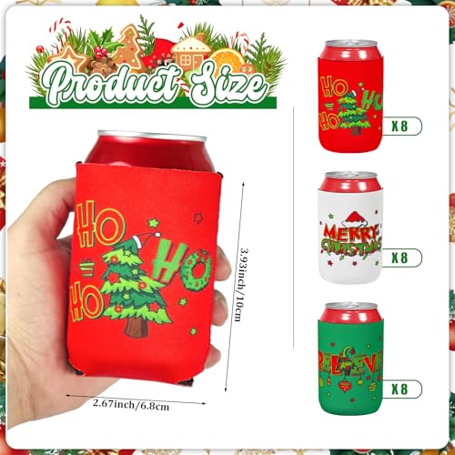Cinrobiye Green Christmas Can Cooler Sleeves 24 Pack Reusable Holiday Beverage Holders